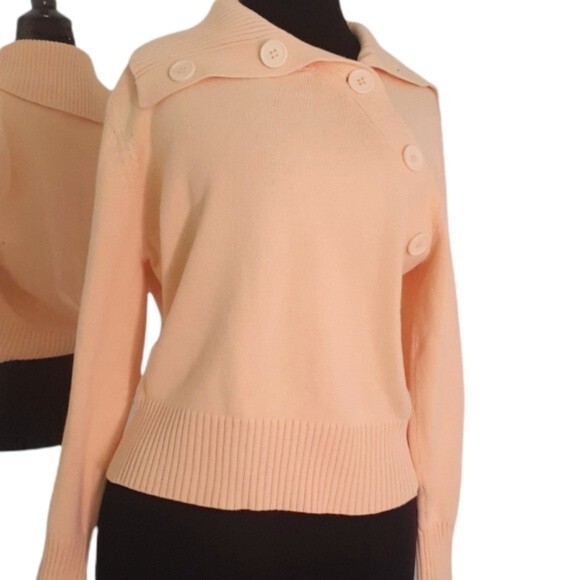 Jeanne Pierre Big Button Mock Neck Ribbed Cotton Blend Yellow Sweater  Large - Picture 2 of 12